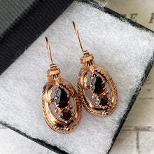 Cargar imagen en el visor de la galería, Victorian 9ct Rose Gold Etruscan Revival Garnet Drop Earrings, Boxed