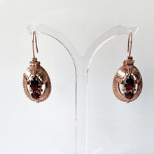 Cargar imagen en el visor de la galería, Victorian 9ct Rose Gold Etruscan Revival Garnet Drop Earrings, Boxed
