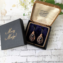Cargar imagen en el visor de la galería, Victorian 9ct Rose Gold Etruscan Revival Garnet Drop Earrings, Boxed