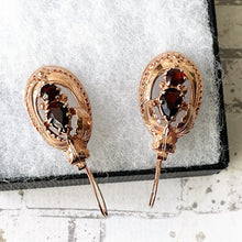 Cargar imagen en el visor de la galería, Victorian 9ct Rose Gold Etruscan Revival Garnet Drop Earrings, Boxed