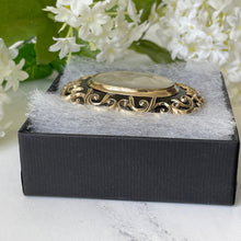 Cargar imagen en el visor de la galería, Antique Victorian Very Large 9ct Gold, Black Enamel Mourning Brooch With Front Locket Compartment & Hair Weave