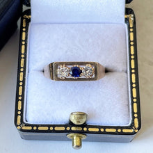 Carica l'immagine nel visualizzatore di Gallery, Vintage 9ct Gold Diamond & Sapphire Modernist Trilogy Ring