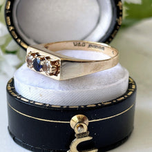 Carica l'immagine nel visualizzatore di Gallery, Vintage 9ct Gold Diamond & Sapphire Modernist Trilogy Ring