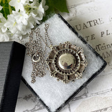 Cargar imagen en el visor de la galería, Antique Victorian c1884 Silver Target Style Locket Pendant & Chain. Sterling Silver Rondelle Wheel Pendant With Photo Compartment.