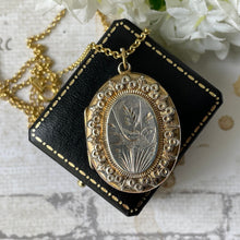 Lade das Bild in den Galerie-Viewer, Victorian Aesthetic Engraved Gold On Silver Locket, 1884 Hallmarks. Antique Engraved Swallow Oval Sweetheart Locket On Chain.