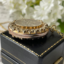 Lade das Bild in den Galerie-Viewer, Victorian Aesthetic Engraved Gold On Silver Locket, 1884 Hallmarks. Antique Engraved Swallow Oval Sweetheart Locket On Chain.