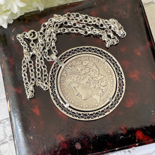 Carica l'immagine nel visualizzatore di Gallery, Antique 1891 Morgan Sterling Silver Dollar Pendant On Belcher Chain. Huge American Liberty Coin Medallion Statement Pendant Necklace.