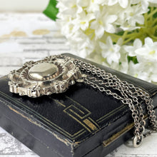 Cargar imagen en el visor de la galería, Antique Victorian c1884 Silver Target Style Locket Pendant & Chain. Sterling Silver Rondelle Wheel Pendant With Photo Compartment.