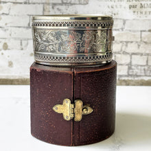 Lade das Bild in den Galerie-Viewer, Victorian Aesthetic 1881 Sterling Silver Bangle In Antique Fitted Box. Antique Swallow Floral Engraved Wide Cuff Silver Bangle Bracelet