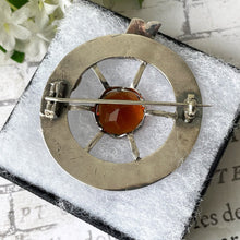 Cargar imagen en el visor de la galería, Victorian Scottish Silver Belted Garter Citrine Brooch. Aesthetic Engraved Cartwheel Brooch. Antique Scottish Cairngorm Plaid/Tartan Brooch