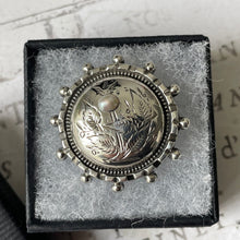 Cargar imagen en el visor de la galería, Antique Victorian Silver & Pearl Sweetheart Brooch. Aesthetic Engraved Ivy Domed Button Brooch. Sterling Silver Small Round Lapel/Collar Pin
