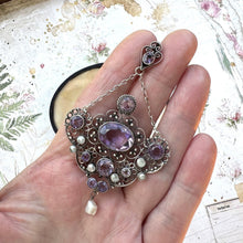 Cargar imagen en el visor de la galería, Antique Art Nouveau Silver Amethyst & Pearl Drop Lavalier Pendant