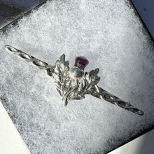 Cargar imagen en el visor de la galería, Vintage Glasgow Silver & Amethyst Celtic Thistle Large Bar Brooch. Scottish Sterling Silver Sterling Silver Long Bar/Kilt Pin, 1963 Hallmark