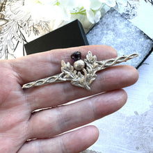 Cargar imagen en el visor de la galería, Vintage Glasgow Silver & Amethyst Celtic Thistle Large Bar Brooch. Scottish Sterling Silver Sterling Silver Long Bar/Kilt Pin, 1963 Hallmark
