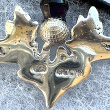 Cargar imagen en el visor de la galería, Vintage Glasgow Silver & Amethyst Celtic Thistle Large Bar Brooch. Scottish Sterling Silver Sterling Silver Long Bar/Kilt Pin, 1963 Hallmark