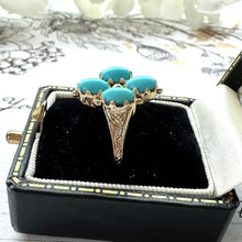 Lade das Bild in den Galerie-Viewer, Vintage 9ct Gold & Turquoise Marquise Ring. Victorian Revival Engraved Gold Turquoise Gemstone Navette Ring. Yellow Gold Etruscan Ring