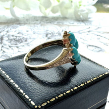 Lade das Bild in den Galerie-Viewer, Vintage 9ct Gold & Turquoise Marquise Ring. Victorian Revival Engraved Gold Turquoise Gemstone Navette Ring. Yellow Gold Etruscan Ring