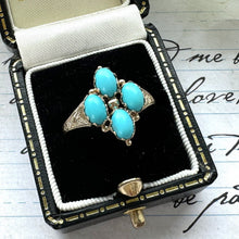 Lade das Bild in den Galerie-Viewer, Vintage 9ct Gold & Turquoise Marquise Ring. Victorian Revival Engraved Gold Turquoise Gemstone Navette Ring. Yellow Gold Etruscan Ring