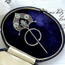 Cargar imagen en el visor de la galería, Antique French Silver, Gold & Turquoise Fibula Pin. Victorian/Edwardian Fine Cannetille Filigree Hamsa Brooch. Hand Of Fatima Amulet Fibula