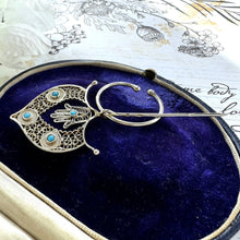 Cargar imagen en el visor de la galería, Antique French Silver, Gold & Turquoise Fibula Pin. Victorian/Edwardian Fine Cannetille Filigree Hamsa Brooch. Hand Of Fatima Amulet Fibula