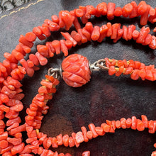 Cargar imagen en el visor de la galería, Victorian Carved Coral Bead 2-Strand Necklace. Antique Natural Salmon Red Mediterranean Coral Nugget Bead 2-Strand Necklace
