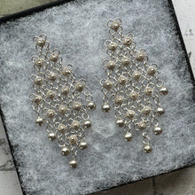Cargar imagen en el visor de la galería, Vintage Silver Cannetille Rosette Chandelier Earrings. Fine Pure Silver Long Drop Marquise Earrings. Floral Chainmaille Earrings