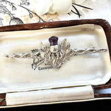 Cargar imagen en el visor de la galería, Vintage Glasgow Silver & Amethyst Celtic Thistle Large Bar Brooch. Scottish Sterling Silver Sterling Silver Long Bar/Kilt Pin, 1963 Hallmark