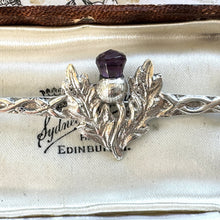 Cargar imagen en el visor de la galería, Vintage Glasgow Silver & Amethyst Celtic Thistle Large Bar Brooch. Scottish Sterling Silver Sterling Silver Long Bar/Kilt Pin, 1963 Hallmark
