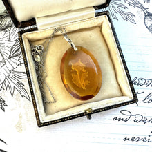 Load image into Gallery viewer, Antique Citrine Glass Intaglio Silver Pendant Necklace. Sterling Silver Edwardian /Art Deco Faceted Oval Flower Intaglio Pendant &amp; Chain

