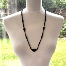 Carica l'immagine nel visualizzatore di Gallery, Antique Victorian Black Vauxhall Glass Faceted Bead Necklace. 32" French Jet Opera Necklace. Victorian Mourning Jewellery