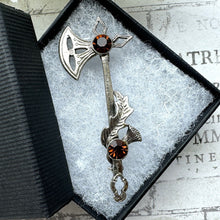 Cargar imagen en el visor de la galería, Vintage Scottish Silver Battle Axe & Thistle Brooch. Medieval Celtic Axe Kilt Pin. Sterling Silver Paste Cairngorm Figural Lapel Pin
