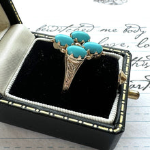 Lade das Bild in den Galerie-Viewer, Vintage 9ct Gold & Turquoise Marquise Ring. Victorian Revival Engraved Gold Turquoise Gemstone Navette Ring. Yellow Gold Etruscan Ring