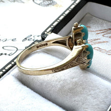 Lade das Bild in den Galerie-Viewer, Vintage 9ct Gold & Turquoise Marquise Ring. Victorian Revival Engraved Gold Turquoise Gemstone Navette Ring. Yellow Gold Etruscan Ring