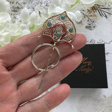 Cargar imagen en el visor de la galería, Antique French Silver, Gold & Turquoise Fibula Pin. Victorian/Edwardian Fine Cannetille Filigree Hamsa Brooch. Hand Of Fatima Amulet Fibula
