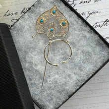Cargar imagen en el visor de la galería, Antique French Silver, Gold & Turquoise Fibula Pin. Victorian/Edwardian Fine Cannetille Filigree Hamsa Brooch. Hand Of Fatima Amulet Fibula