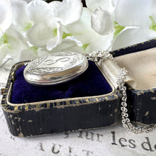 Cargar imagen en el visor de la galería, Vintage English Silver Engraved Monogram Locket Pendant Necklace. Sterling Silver Initial "S" Oval Locket & Chain. Sweetheart Photo Locket