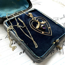 Cargar imagen en el visor de la galería, Antique Edwardian 9ct Gold Amethyst & Pearl Heart Pendant Necklace
