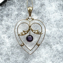 Cargar imagen en el visor de la galería, Antique Edwardian 9ct Gold Amethyst & Pearl Heart Pendant Necklace