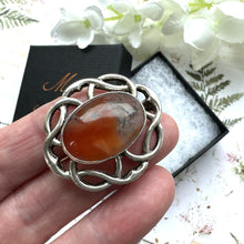 Load image into Gallery viewer, Vintage Scottish Silver Celtic Knot Dendritic Agate Brooch. Oval Sterling Silver Eternity/Love Knot Cairngorm Scottish Pebble Lapel Pin.
