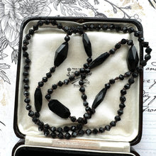 Load image into Gallery viewer, Antique Victorian Black Vauxhall Glass Faceted Bead Necklace. 32&quot; French Jet Opera Necklace. Victorian Mourning Jewellery
