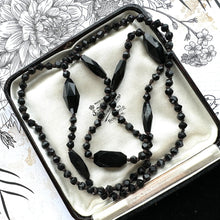 Carica l'immagine nel visualizzatore di Gallery, Antique Victorian Black Vauxhall Glass Faceted Bead Necklace. 32" French Jet Opera Necklace. Victorian Mourning Jewellery