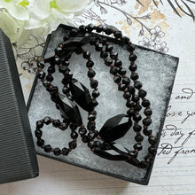 Carica l'immagine nel visualizzatore di Gallery, Antique Victorian Black Vauxhall Glass Faceted Bead Necklace. 32" French Jet Opera Necklace. Victorian Mourning Jewellery