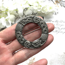 Cargar imagen en el visor de la galería, Vintage Scottish Silver Celtic Annular Ring Brooch, Robert Allison, Glasgow 1946. Celtic Knot Norse Viking Ship Sterling Silver Large Brooch