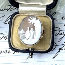 Lade das Bild in den Galerie-Viewer, Antique Victorian 15ct Gold Carved Scenic Cameo Ring. Sailing Ship & Woman Landscape Cameo Ring. Italian Cameo Neoclassical Statement Ring