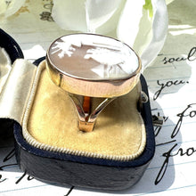 Lade das Bild in den Galerie-Viewer, Antique Victorian 15ct Gold Carved Scenic Cameo Ring. Sailing Ship & Woman Landscape Cameo Ring. Italian Cameo Neoclassical Statement Ring