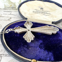 Cargar imagen en el visor de la galería, Vintage 1970s Sterling Silver Large Gothic Cross Pendant Necklace By 1-Of A Kind Jewelry Company, USA. Statement Cross & Long Chain Necklace