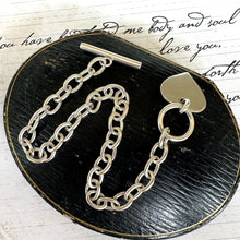 Cargar imagen en el visor de la galería, Vintage English Silver Love Heart Chain Bracelet. Sterling Silver Watch Chain Style Bracelet With Heart Charm & T-Bar. Cable Chain Bracelet
