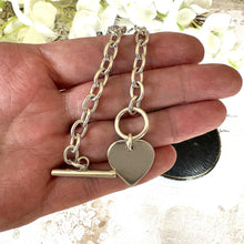 Cargar imagen en el visor de la galería, Vintage English Silver Love Heart Chain Bracelet. Sterling Silver Watch Chain Style Bracelet With Heart Charm & T-Bar. Cable Chain Bracelet