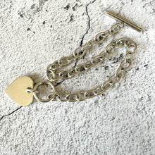 Cargar imagen en el visor de la galería, Vintage English Silver Love Heart Chain Bracelet. Sterling Silver Watch Chain Style Bracelet With Heart Charm & T-Bar. Cable Chain Bracelet