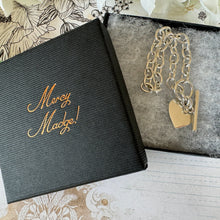 Cargar imagen en el visor de la galería, Vintage English Silver Love Heart Chain Bracelet. Sterling Silver Watch Chain Style Bracelet With Heart Charm & T-Bar. Cable Chain Bracelet